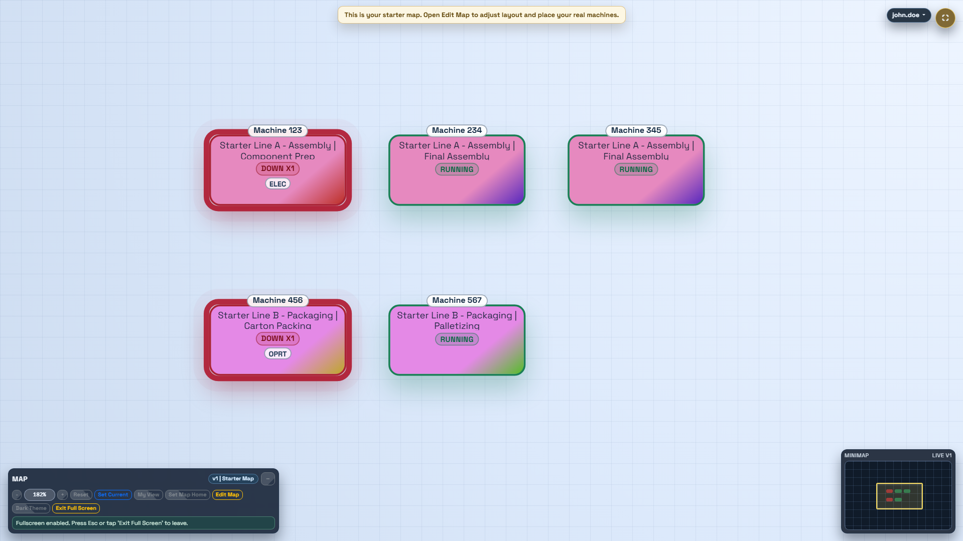 Factory map view with machine cards, running and down states, and minimap controls.