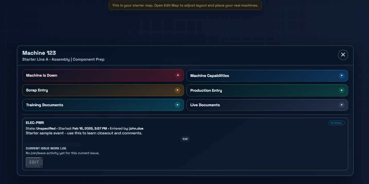 Machine event modal showing downtime options, document actions, and active issue details.