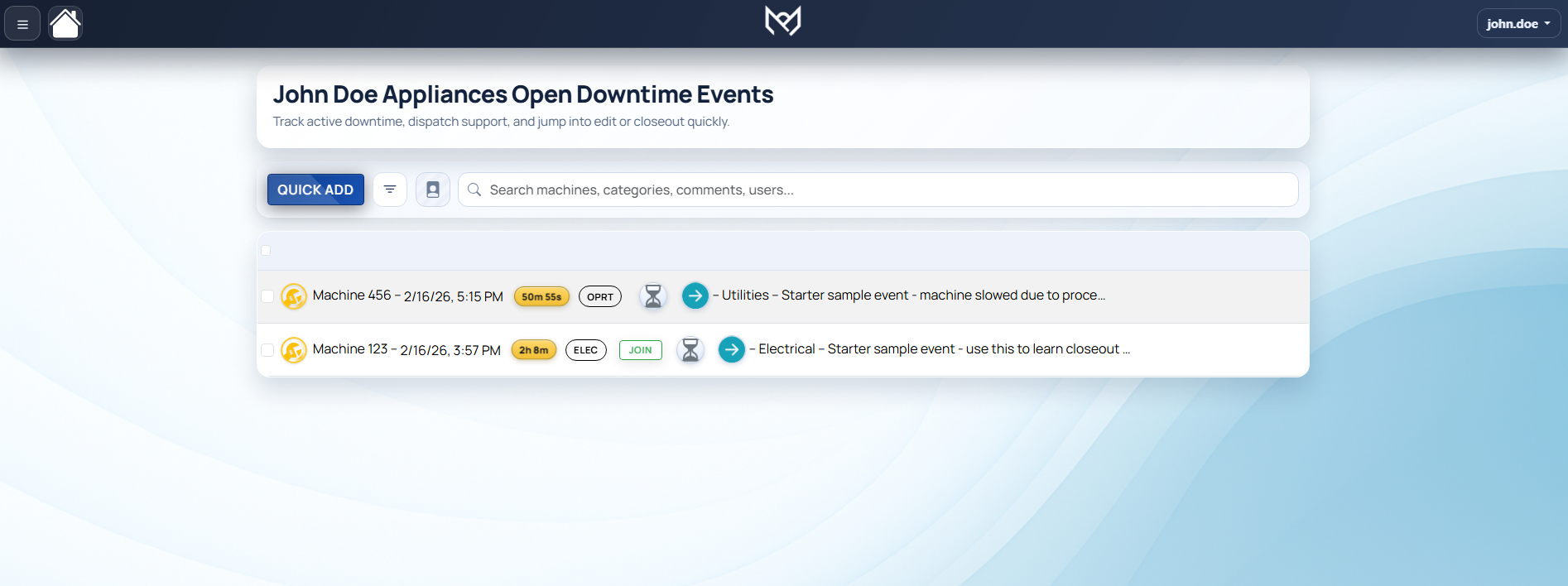 Open downtime events list with search, quick add, and staged action controls.